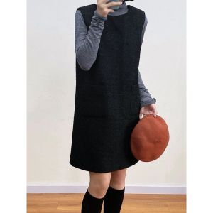 French Elegant Woolen Vest Dress Women Autumn Winter Vintage Loose Sleeveless Layering Short A-Line Skirt Style Dresses