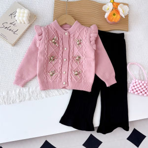 Bear Leader Girls Suit Flower Lace Single Breasted Knitted Cardigan + Pants 2 Pieces Sets Outfits Winter Sweater Korean Version Bow Flower New Year Clothing Christmas Clothes