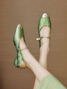 Round Toe Medium Heel Leather Green Mary Jane Shoes