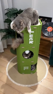 Double Layer Cat Nest Multi Level Climbing Frame House with Fluffy Ball Half Enclosed Bed Scratching Board