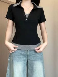 Large size fake two-piece straight shoulder short-sleeved T-shirt for women in summer slim fit and slimming tops