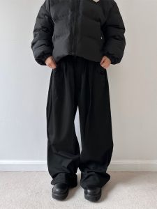 TENS Independent Black Woolen Trousers Mens Loose Wide Leg Straight Casual Pants Cleanfit Style Youth Fashion Spring Casual Wear