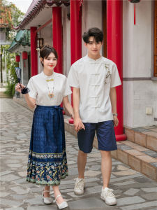 Couples Summer Outfit New Chinese Style Tang Costume Hanfu Mens Shirt Womens Skirt Set Fashionable Urban Printed Short Sleeve