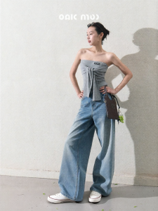 OAKMOO | Quần Jeans Tay Rộng Phong Cách Thoải Mái Vải Cotton Toàn Phần Đã Qua Nhiều Lần Giặt Có Vết Bạc
