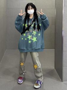 กางเกงยีนส์ทรงตรงเอวสูงสำหรับผู้หญิง สไตล์สตรีทอเมริกัน กางเกงขายาวทรงหลวม กางเกงขายาวทรงหลวม ทรงขาบาน ทรงขาบาน กางเกงยีนส์ทรงหลวม