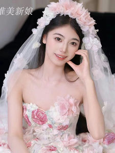 Brides Sweet Heart Wedding Veil with Forest System Headwear Fairy-like Retro Simulation Flowers Luxury Soft Silk Bridal Photography