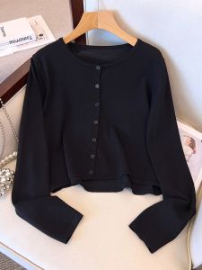 เสื้อคลุมคาร์ดิแกนไหมน้ำแข็งบางสีดำสำหรับผู้หญิง ฤดูใบไม้ร่วง ไซส์ใหญ่ เสื้อกั๊กแขนกุดกระชับสัดส่วน ชุดเดรสฤดูร้อน เสื้อคลุมกันแดด