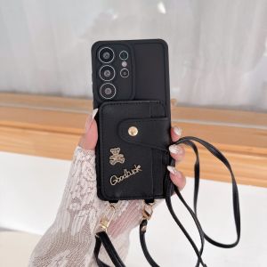 Diamond Bear Wallet Strap Case for Samsung Galaxy S26 Ultra S25 FE S21 S22 S23 S24 Plus Card Crossbody Lanyard PU Leather Cover