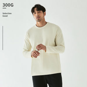Áo Thun Nam Cổ Tròn Tay Dài Cotton Nguyên Chất Màu Trơn Đơn Giản Đa Năng Áo Lót Màu Trắng Ngà Nặng 300g Thường Ngày Mùa Thu Đông