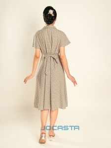 Đầm Nữ Ngắn Tay Kẻ Karo Nhỏ Cổ Vec Có Túi Chất Vải Cotton Mềm Mịn Thoáng Mát Co Giãn Thoải Mái Phong Cách Sang Trọng