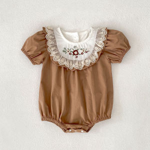 2026 Summer 0-24M Baby Girl Embroidery Collar Bodysuit 2-6Yrs Kid Sweet Party Short Sleeves Dress Brown Sister Dress