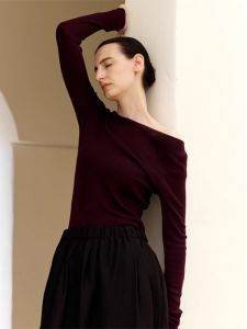 French Style One Shoulder Knitted Base Layer Womens Slim Fit Purple Soft Muffler Top Korean Version Long Sleeve round Neck