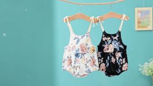 【COD&Local Ship】Baby Girl Casual Suspender Jumpsuits Fashion Flower Print Round Neck Bow Lace-Up Triangle Romper