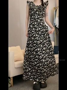Hepburn Style Black Floral Dress Women Elegant Waist Retraction Long Dress High-end Dress