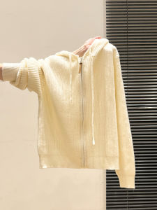 เสื้อสเวตเตอร์ถักมีฮู้ดแขนยาวหนาสำหรับผู้หญิง ฤดูใบไม้ร่วง/ฤดูหนาว 2025 ทรงหลวม คอกลม ผ้าฝ้ายผสมโพลีเอสเตอร์