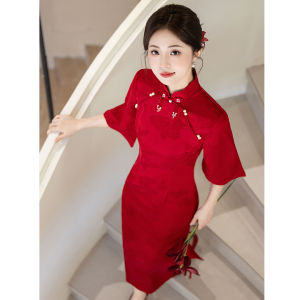 Red Cheongsam Wedding Dress Slim Fit Chinese Traditional Style Engagement Party Dress Womens Dress for Brides