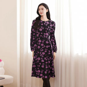 Koradior | Vintage Floral Print Long Sleeve Fitted Waist Dress