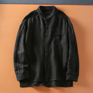 Mens Casual Long Sleeve Linen Shirt Spring Summer New Style Stand Collar Versatile Comfortable Breathable Standard Fit Youth Popular