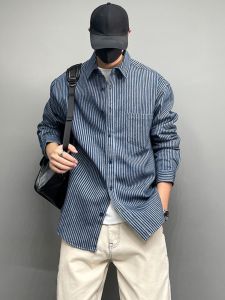 Trendy American Retro Striped Long Sleeve Mens Denim Shirt Clean Fit Cool Brand Loose Style Breathable Polyester Youth Fashion