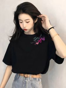 Áo Thun Cotton Tay Ngắn Màu Đen Thiết Kế Tay Rộng Thoải Mái Thời Trang Mùa Hè Cho Nữ