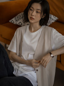 Loose Cotton Linen Womens Vest Korean Style V-neck Autumn New Arrival Fashionable Top Button Detail Regular Fit Medium Warmth