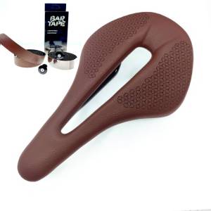 Bicycle saddle Full Carbon Fiber+Leather Fiber Road Mountain Bike Saddle Seat Cushion with handlebars Tape Bicycle Brown Parts