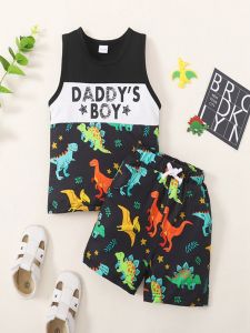 Boys Dinosaur Patterned Sleeveless T-Shirt And Shorts Set Fashionable Cotton Clothing Baby Boys Summer Outfit Daddys Boy Set