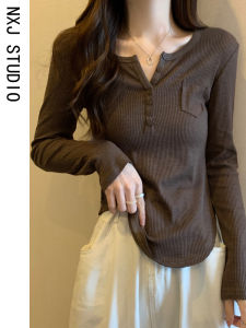 เสื้อยืดคอกลมแขนยาวทรงเข้ารูปผ้าฝ้ายลายไม้ไผ่ ทรงสั้น สไตล์เกาหลี เสื้อเชิ้ตทรงปกติสำหรับใส่ทำงานในฤดูใบไม้ร่วง