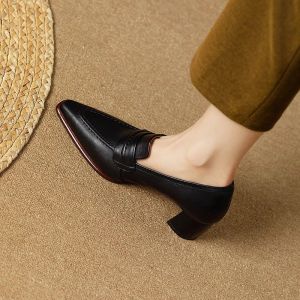 Genuine Leather Retro Style High Heels Work Shoes Pointed Toe mid Heel Womens Shoes Leather Slip-On Office Shoes Anti-Slip