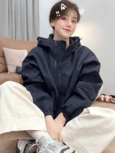 Áo Khoác Nỉ Ngắn Phong Cách Mỹ Cho Nữ Mùa Xuân Mới Rộng Rãi Thường Ngày Áo Khoác Ngoài Áo Khoác Ngoài Có Mũ Trùm Đầu