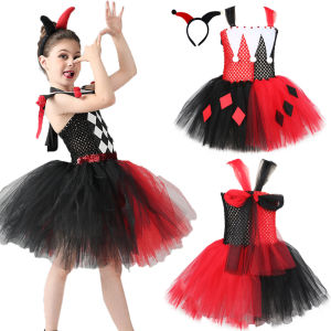 Children Suicide Squad Harley Quinn Costumes Kids Girl Mesh Tutu Dress With Headband Birthday Party Dresses Children Halloween Circus Clown Poker Role-Playing Costume