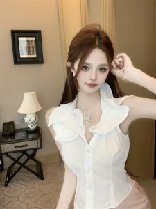 GUZILIAN | Pure White Floral Print Sleeveless Shirt Womens Summer Fashion Stand Collar Slimming Top With Ruffle Design Sweet Style