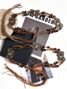Vintage Bohemian Ethnic Style Wax Rope Weaving Waist Belt for Women with Tassels and Rhinestones Alloy Buckle Retro Dress Accessory