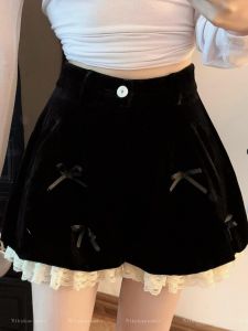 Elegant Black Velvet Lace Butterfly Knot Shorts plus Size Womens Fashion French Style Casual Pants High Waist Short Length