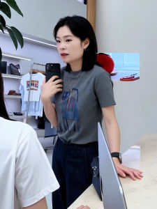 Retro Stylish Short Sleeve T-Shirt Womens American Style Summer New Model round Neck Print Slimming Top Commute Style Pure Cotton