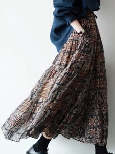 Retro Chinese Style Fancy Skirt Womens Exotic Calm Double Layer Floral Print Swing Dress Elegant A- line Skirt