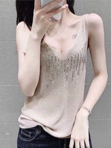Womens Summer Vest Strap Knitted Ice Silk Thin Sleeveless V-Neck Comfortable Base Shirt Single Piece Slim Fit Lace Element