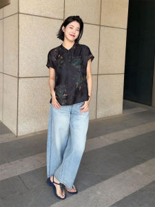 YUFUQING | New Chinese Style Retro Black Shirt Womens Short Sleeve Stand Collar Top Button Up High Waist Loose Fit Summer Fashion