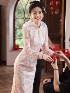 Elegant Long Sleeve New Chinese Style Cheongsam Engagement Dress Womens High-End Sensation Wedding Dress Slimming Return Home Outfit