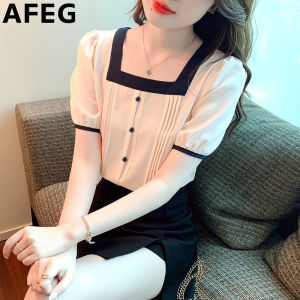 AFEG new Korean version square collar fashion loose all match quality color chiffon bubble sleeve blouse