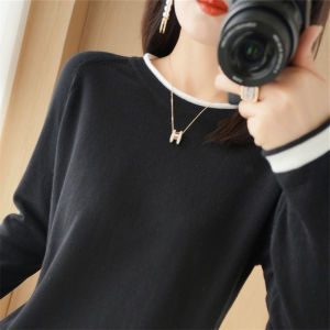 100% Pure Cotton Womens round Neck Knitwear Loose Long Sleeve Base Shirt Spring New Style Korean Version Commute Pattern