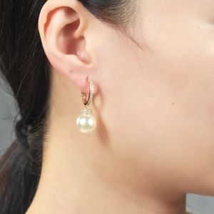 Huitan Luxury Women Drop Earrings Gold Color Fashion Accessories Imitation Pearl Elegant Wedding Jewelry Inlaid Shiny CZ Gift
