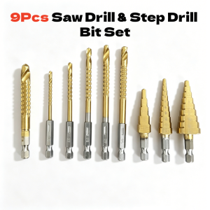 9Pcs Titanium Coated Step Drill & Saw Drill Bit Set Hex Shank Multi-Functional Hole Opening Drilling Bits for Wood Metal Plasti