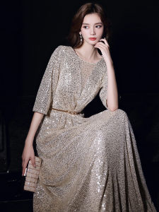 Silver Sequin Evening Dress Womens Luxury High-End Hostess Ball Elegant Sensation Dinner Beautiful Ceremony U-Neck Long Skirt