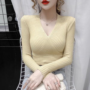 ฤดูใบไม้ผลิ ฤดูใบไม้ร่วง ผู้หญิง เซ็กซี่ Cross Deep คอวี เสื้อเชิ้ตแขนยาวทรงสลิมถัก ดีไซน์ เสื้อสั้น สไตล์เกาหลี โพลีเอสเตอร์ ไฟเบอร์ ผ้าฝ้าย Blend