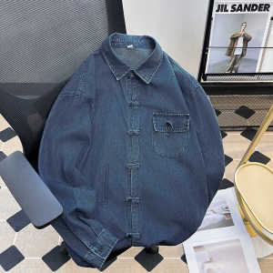 Retro Washed Denim Long Sleeve Button up Shirt Men Spring Autumn Loose Casual Chinese Style New Fashionable Youth Shirt