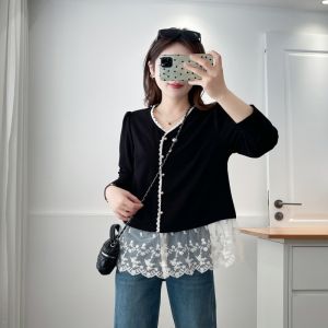 เสื้อแจ็คเก็ตสั้นผ้าลูกไม้แขนยาวคอวีสไตล์เกาหลีสำหรับผู้หญิงไซส์ใหญ่ ฤดูใบไม้ร่วง 2025 เสื้อผ้าทำงานสไตล์เกาหลี