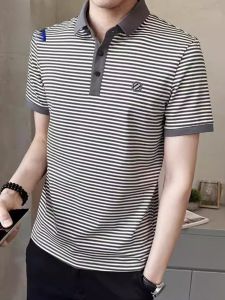 ROMON | เสื้อยืดคอโปโลแขนสั้นผ้าฝ้ายแท้สำหรับผู้ชาย ทรงบาง ลายทาง ปกเสื้อ ลำลอง สำหรับใส่ไปทำงานในช่วงฤดูร้อน ผ้าฝ้ายผสมโพลีเอสเตอร์