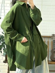 Spring Summer New Pure Cotton Sun Protection Shirt Loose Casual Long Sleeve Womens Large Size round Hemline Retro Art Shirt