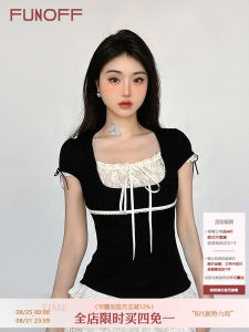 Funoff French Collar Butterfly Knot Lace Short Sleeve Slim Fit T-Shirt Women Summer Sweet Style Classic Pattern Chinese Made